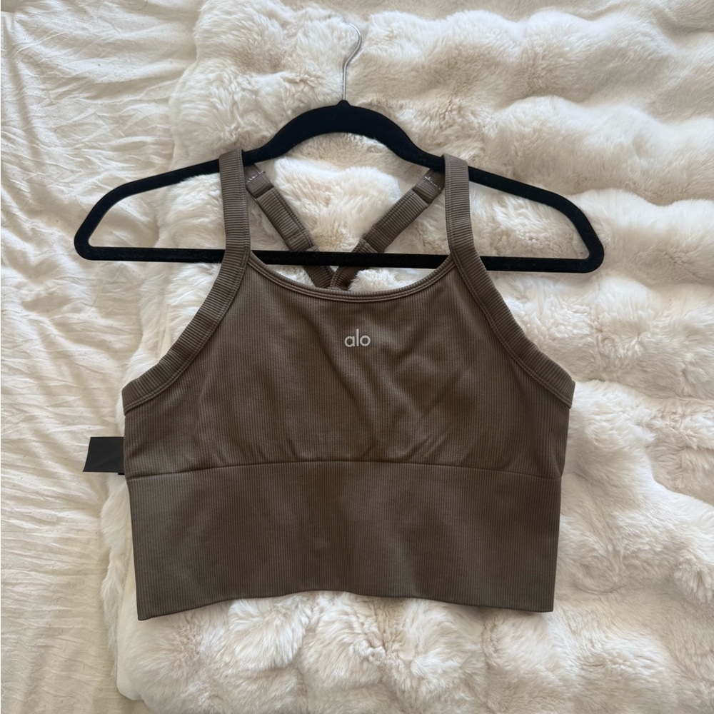 ALO Yoga Ribbed Crossback Sports Bra - Olive Tree